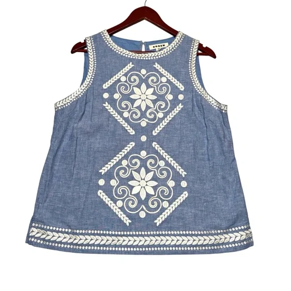 Boden Linen Blend Women’s Embroidered Top in Chambray Blue White size 12 - Picture 4 of 12